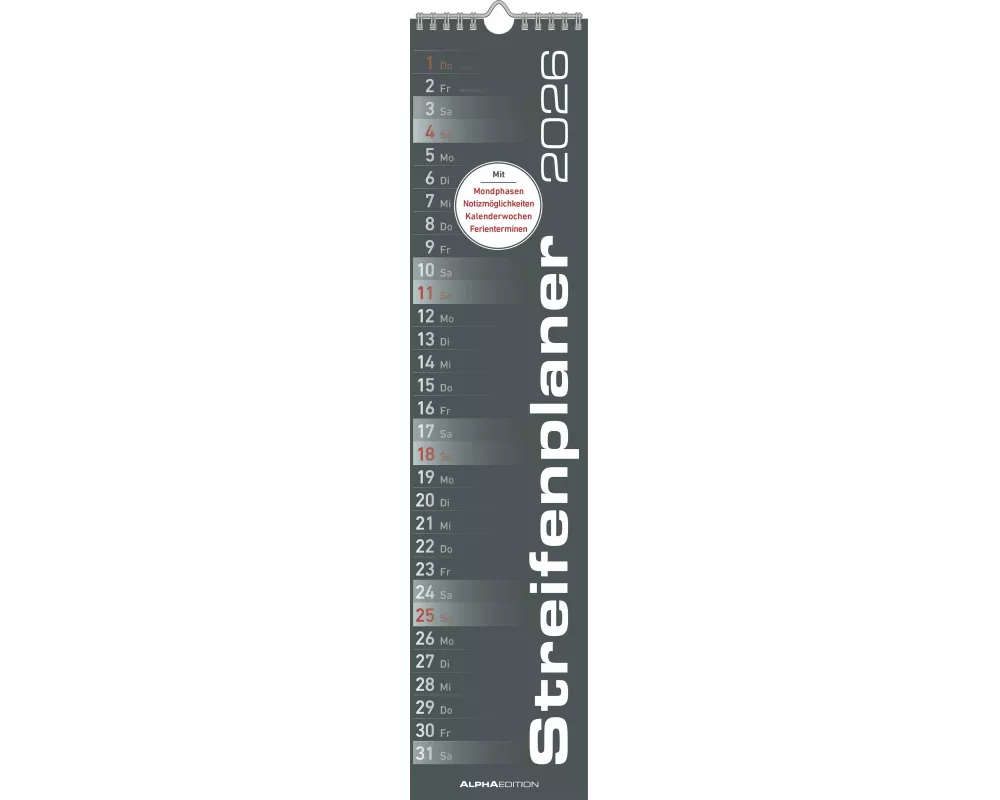 Alpha Edition - Streifenplaner SCHWARZ Kalender 2026 – 11,3x49,5 cm – Wandplaner für Haushalt, Büro & Familie – Eleganter Küchenkalender in klassische