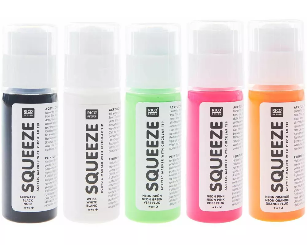 Squeeze Marker, 5x60ml Neon Set (Neon Orange / Neon Pink / Neon Grün / Weiß / Schwarz)
