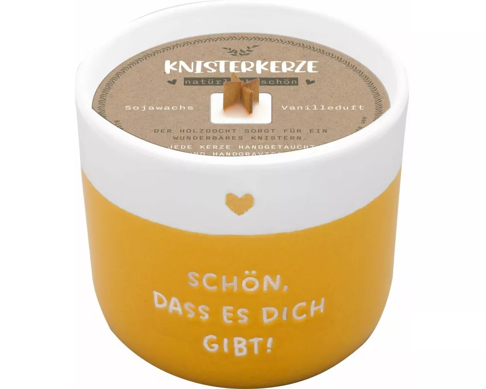 Kerze mit Gravur "Schön, dass es dich gibt": Kerze im Becher, mit Holzdocht