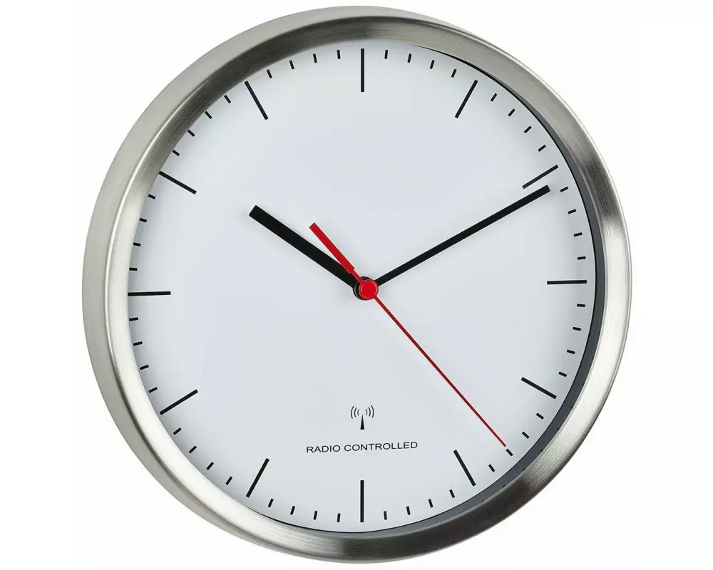 TFA Dostmann Funk-Wanduhr mit Edelstahl-Rahmen Ø 22 cm, Silber/Weiss