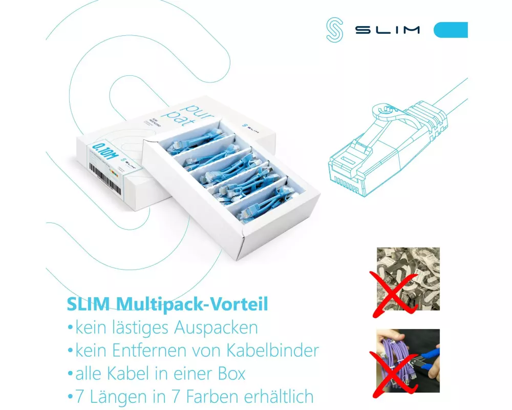 SLIM Slimpatchkabel RJ-45, Cat 6A, U/FTP, 1.5 m, Violett, 60-Pack