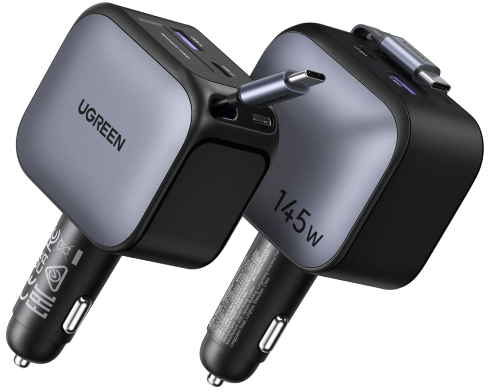UGREEN Fast Car Charger 2-Port 145W 55910B Retractable Cable