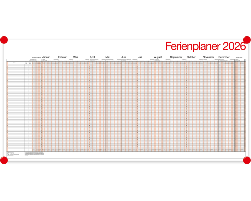 BÜHNER Ferienplaner DE 2026 UP12-CH-R-FS für 49 Mitarbeiter 99x49cm