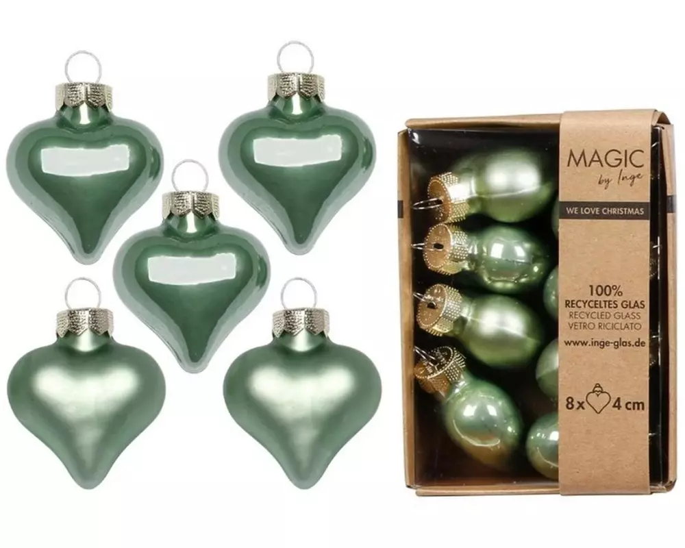 INGES CHRISTMAS DECOR Weihnachtskugel Herz 4 cm Grün, 8 Stück