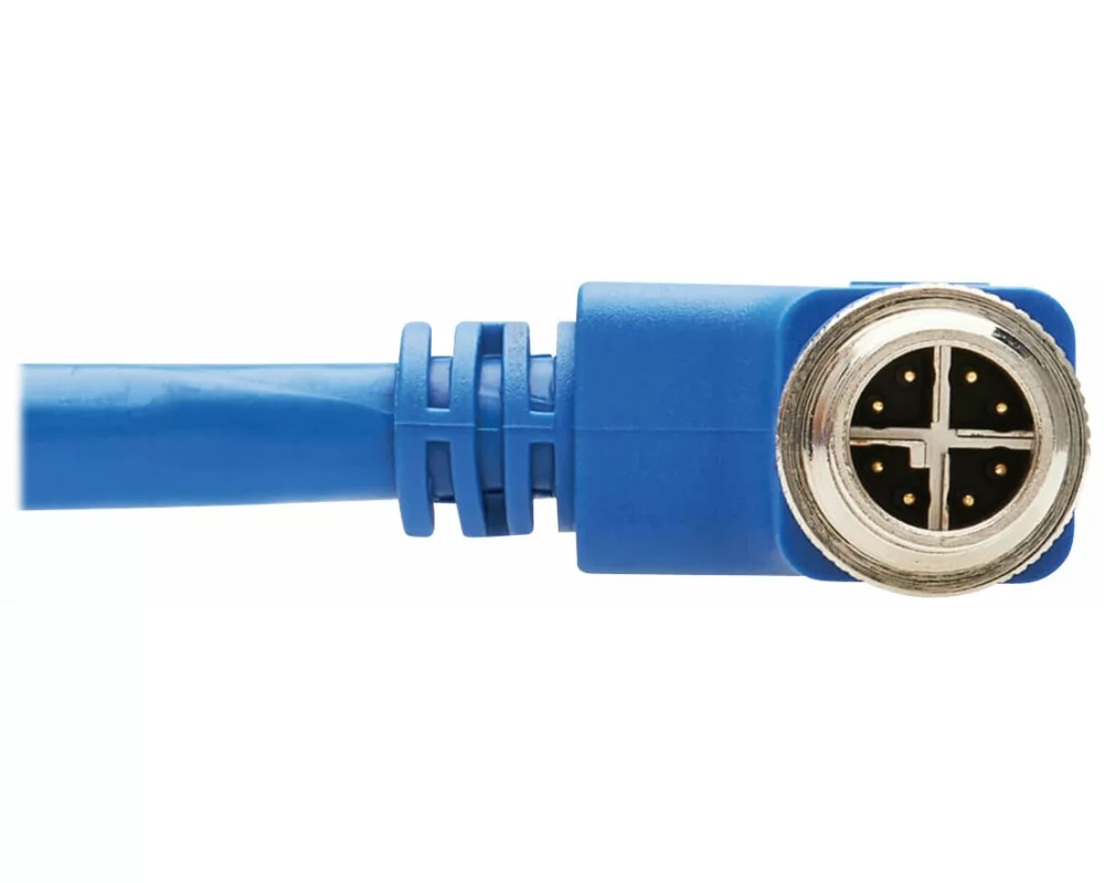 EATON TRIPPLITE M12, X-Code, Cat6a, 10G, F/UTP, CMR-LP, Shielded Ethernet Cable, Right-Angle, M12m/RJ45m, IP68, PoE, Blue, 1m
