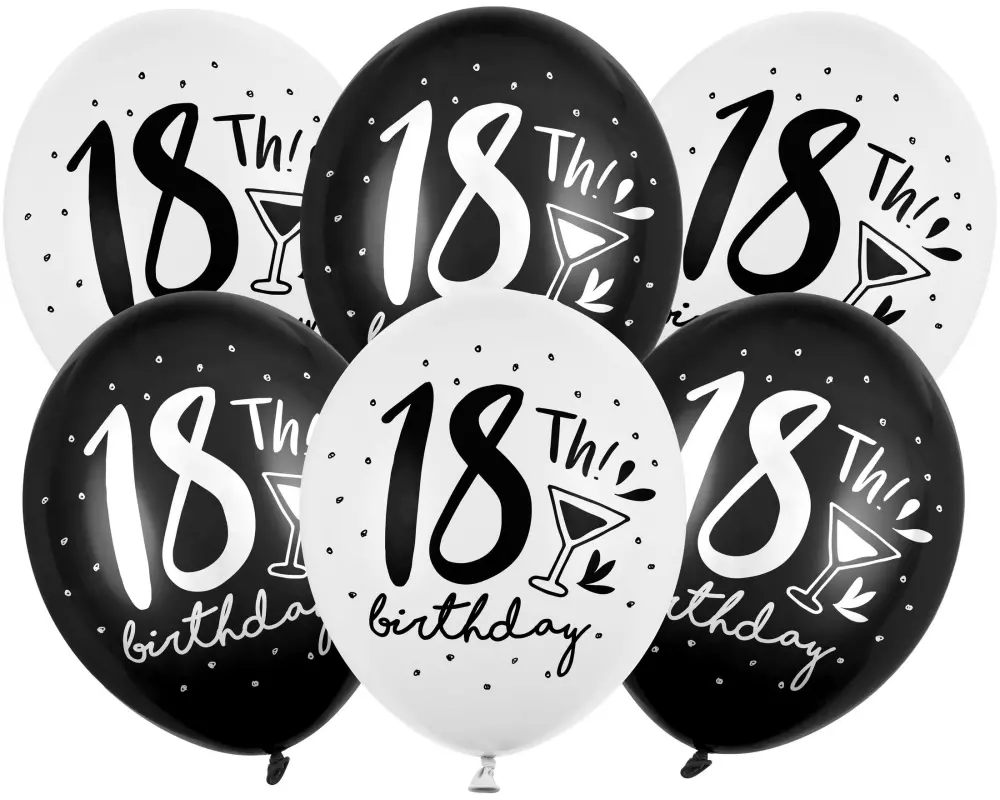 Partydeco Luftballon 18th! Birthday Schwarz/Weiss Ø 30 cm, 6 Stück