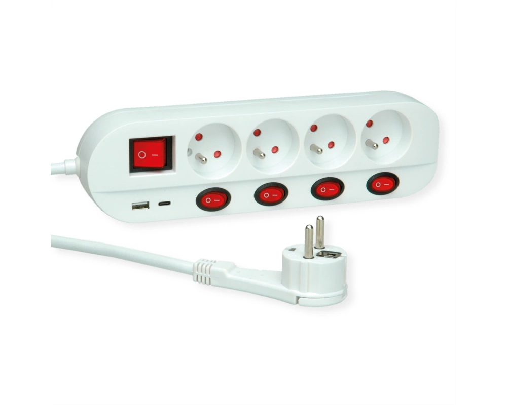 ROLINE 4-fach Steckdosenleiste mit Schalter, UTE Version, USB-Charger A+C, 3 m