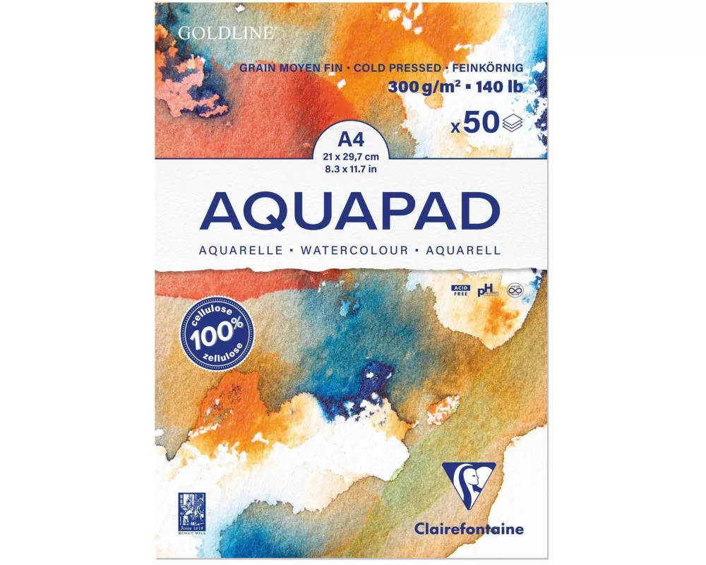 Aquarellblock Goldline Aquapad A4 geleimt, 50 Blatt weiß 300g, mittlere Körnung