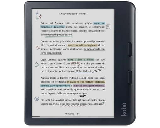 Kobo N428-KU-BK-K-BU. Display diagonal: 17.8 cm (7"), Technology: E Ink Kaleido, Display resolution: 1264 x 1680 pixels. Document formats supported: CBR, CBZ, EPUB, EPUB3, FLEPUB, HTML, MOBI, PDF, RTF, TXT, Image formats supported: BMP, GIF, JPEG, PNG, TIFF. Internal storage capacity: 32 GB, RAM capacity: 1000 MB. Processor frequency: 2000 MHz. USB connector type: USB Type-C, Wi-Fi standards: 802.11b, 802.11g, Wi-Fi 4 (802.11n), Wi-Fi 5 (802.11ac)
