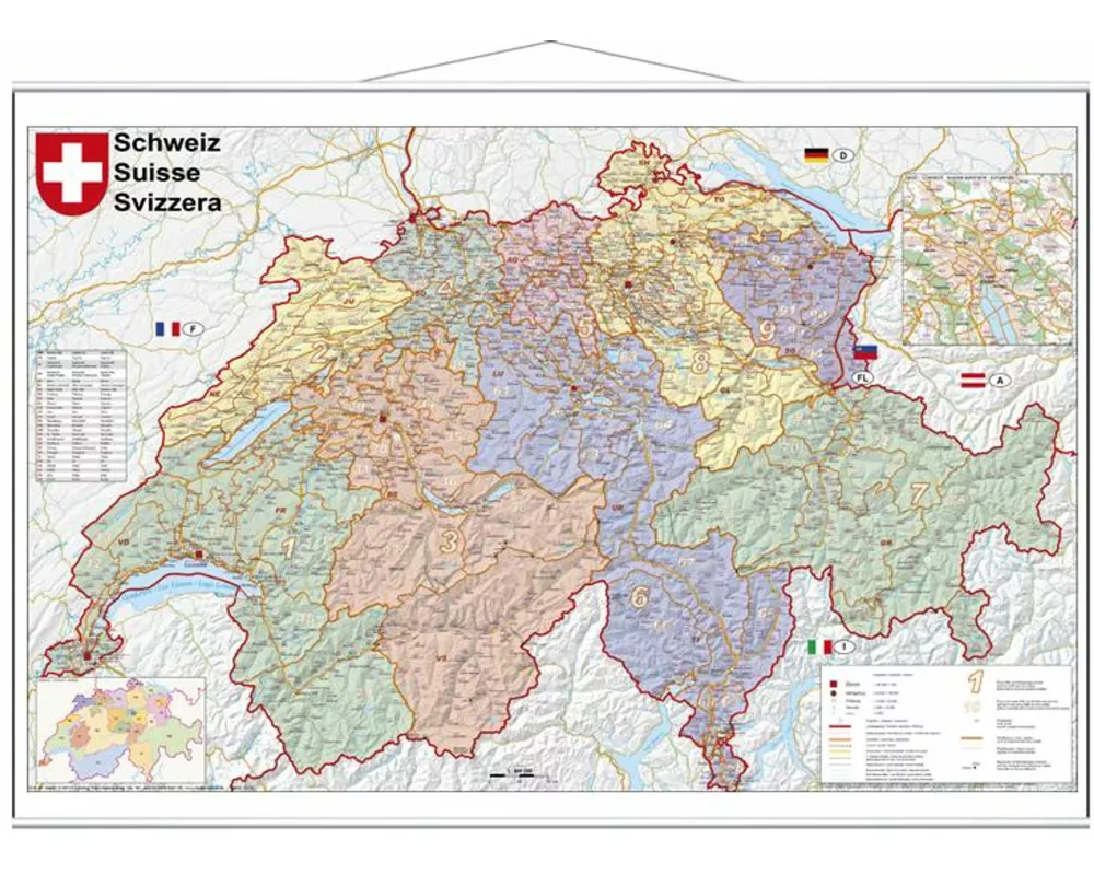 Schweiz Postleitzahlen 1 : 400 000. Wandkarte laminiert mit Metallbeleitung