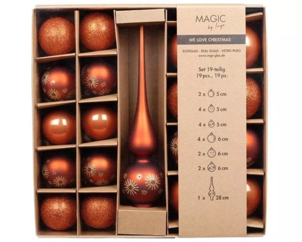 INGES CHRISTMAS DECOR Weihnachtskugel mit Baumspitze 19 Stück, Terracotta