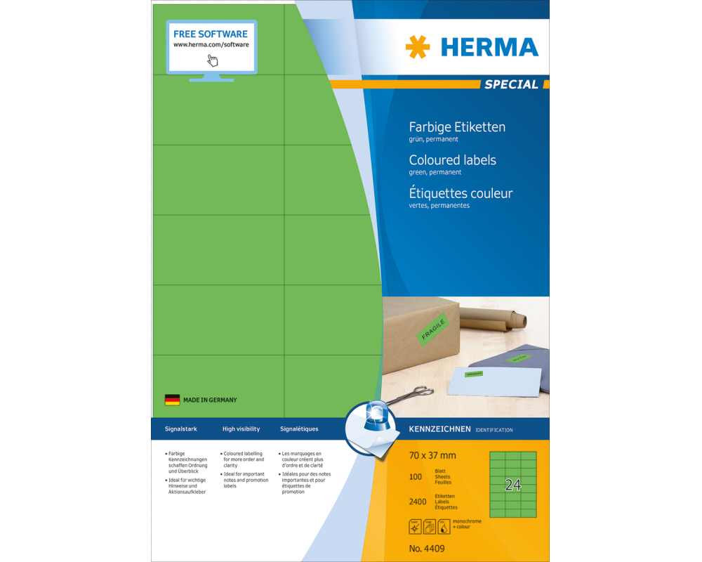 HERMA Etiketten SPECIAL 70x37mm 4409 grün,perm. 2400 St./100 Bl.
