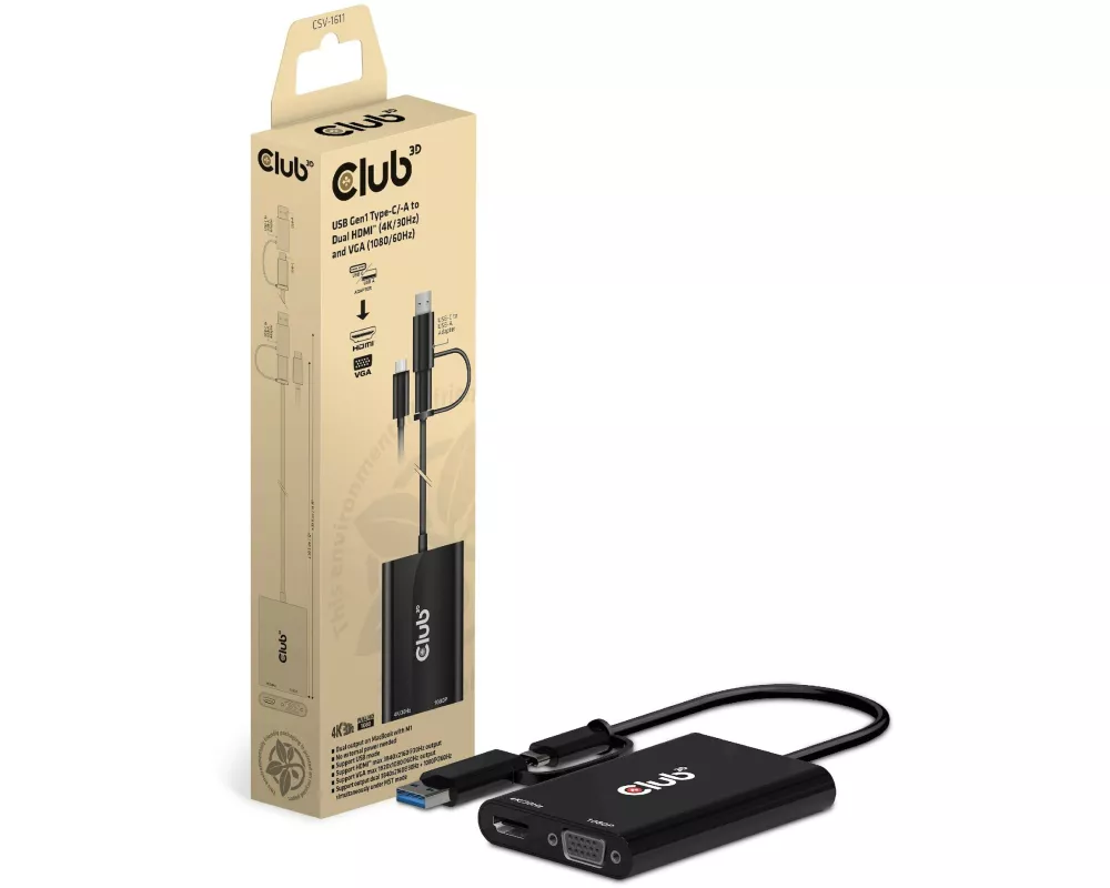 Club 3D Adapterkabel CSV-1611 USB 3.0/USB Type-C - HDMI/VGA