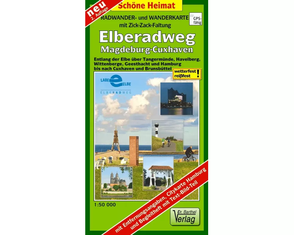 Radwander- und Wanderkarte mit Zick-Zack-Faltung Elberadweg, Magdeburg-Cuxhaven