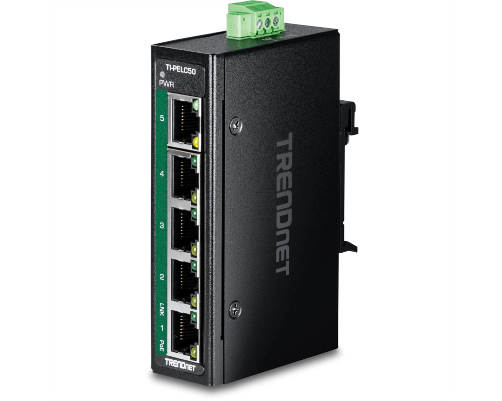 TRENDnet TI-PELC50 5-Port Ethernet PoE+ Industrial DIN-Rail Mini Switch