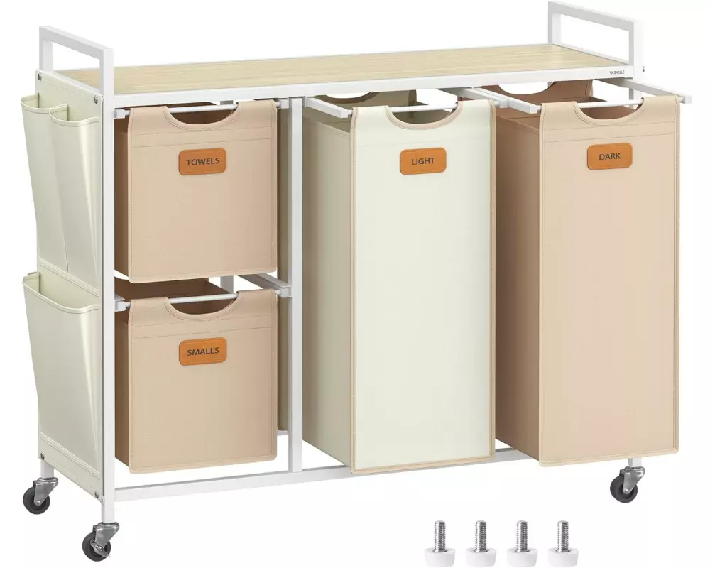 VASAGLE Wäschekorb mit 4 Fächern 150 l, Crème/Camel