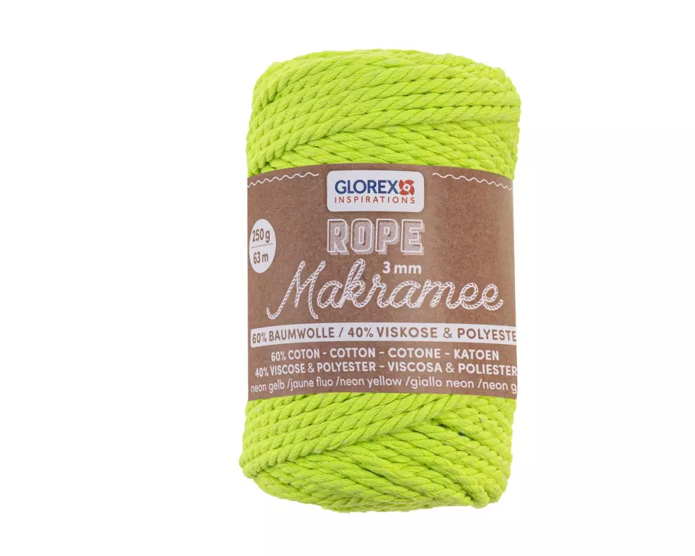 Glorex Wolle Makramee Rope gedreht 63 m x 3 mm, 250g, Neongelb