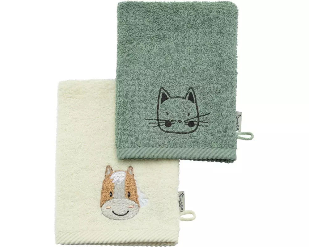 Sterntaler Baby-Waschhandschuh Bauernhof 2er Set Steingrün/Weiss