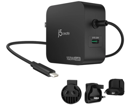 j5create 102W GaN PD USB-C 2-Port Charger with Changeable AC Plugs. Charger type: Indoor, Power source type: AC, USB, Charger compatibility: Headphones, Mobile computer, Mobile phone, Laptop, Portable gaming console, Smartphone,..., USB Type-C ports quantity: 1. Cable length: 1.8 m, Product colour: Black