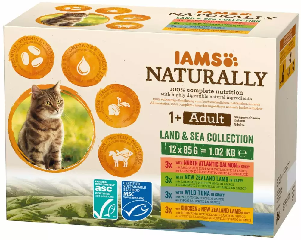 Iams Nassfutter Naturally Adult Land&Sea Mix 12 x 85g in Sauce