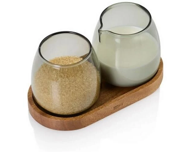 AdHoc Milch- und Zucker-Set Yuna, Glas / Akazienholz