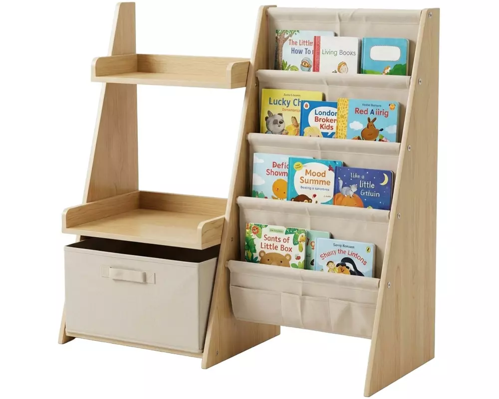 relaxdays Kinderbücherregal MDF Polyester Vlies Natur Weiss