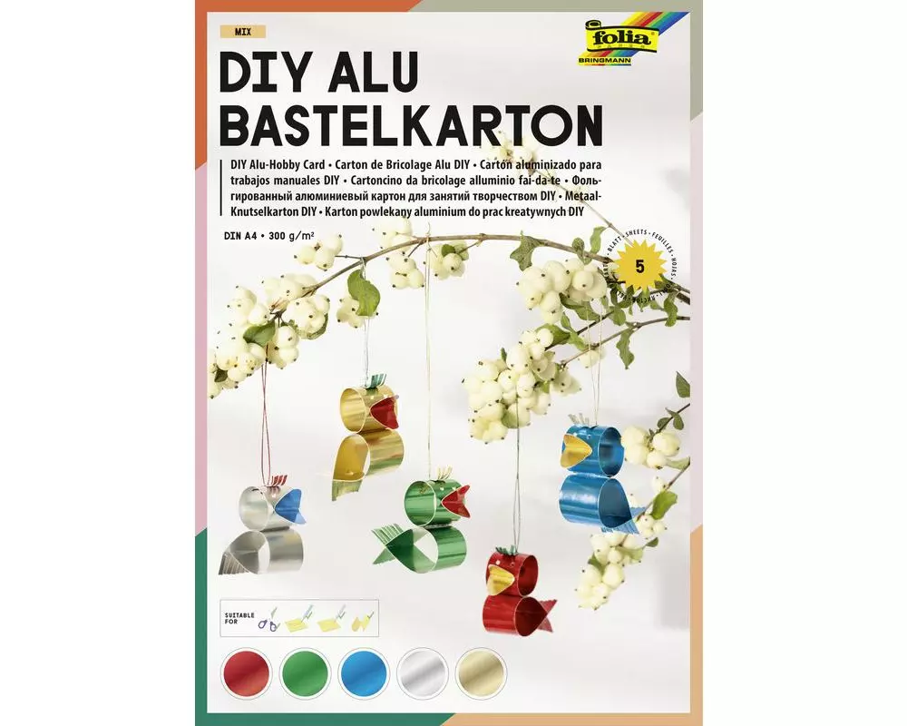 Folia DIY Alu Bastelkarton Mix DIN A4, 5 Blatt, farbig sortiert