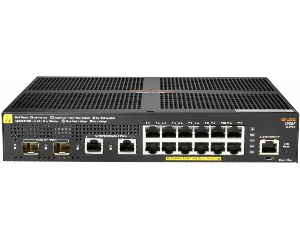 HPE Aruba 2930F Switch, 12G, 2 SFP+/10Gbit/s G Ports, PoE+, Layer 3, VSF Stacking, RIP Routing, Access OSPF, ACLs, QoS