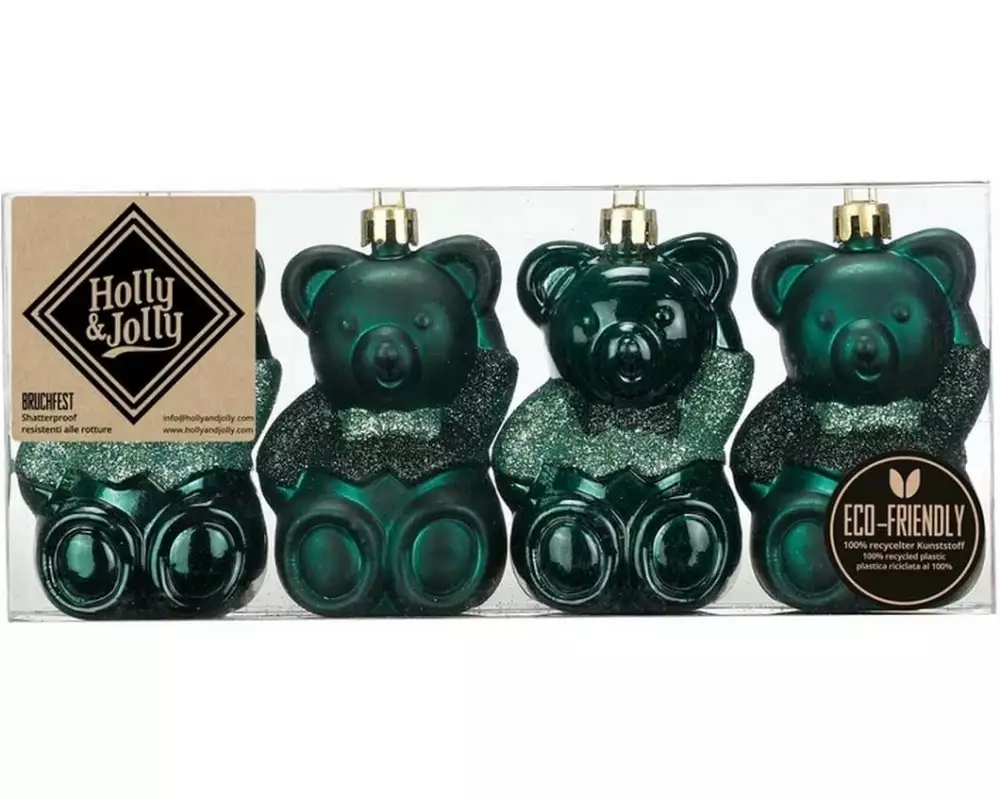 Holly & Jolly Weihnachtskugel Teddybär Noble Green 8 cm, 4 Stück