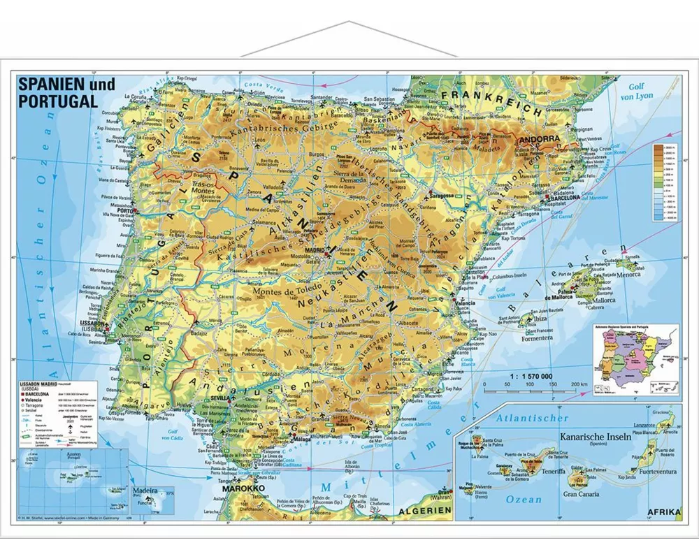 Spanien und Portugal physisch. Wandkarte