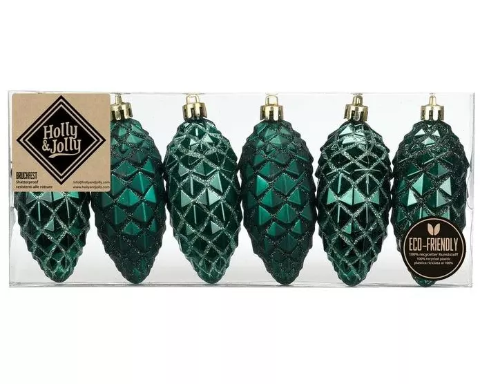 Holly & Jolly Weihnachtskugel Zapfen Noble Green 9 cm, 6 Stück