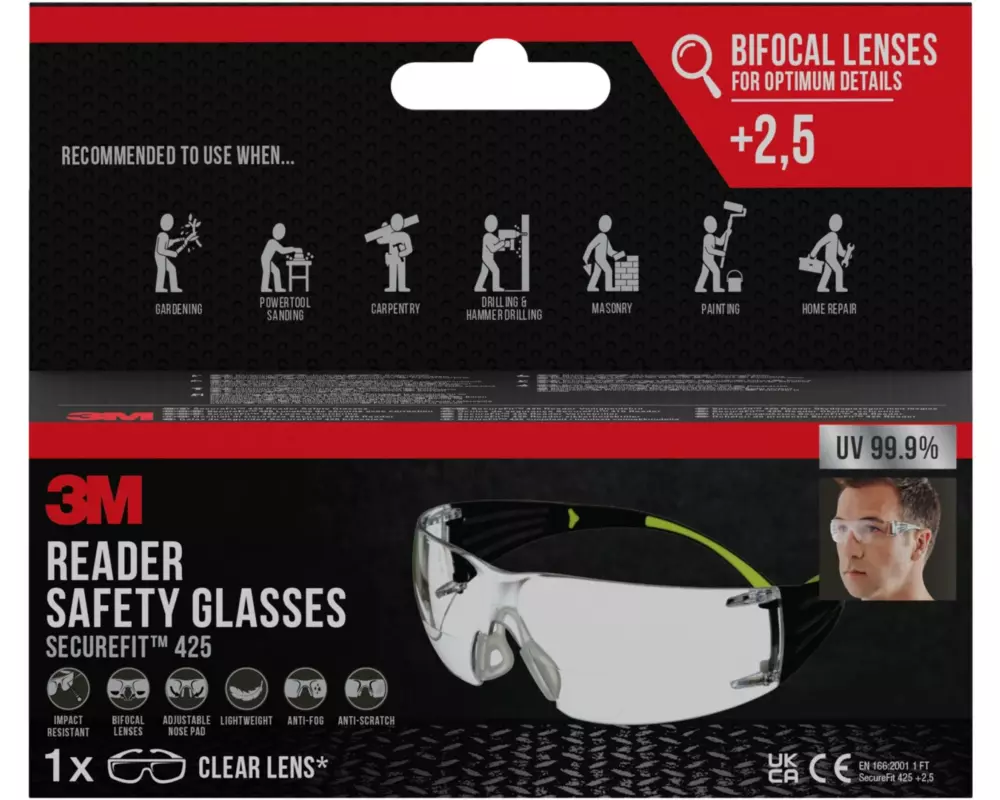 3M Schutzbrille SecureFit 425 mit +2.5 Dioptrie, Transparent