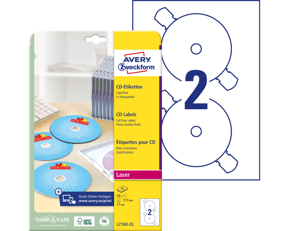 AVERY ZWECKFORM CD-Etiketten Supersize 117mm L7760-25 weiss, glossy 50 Stück