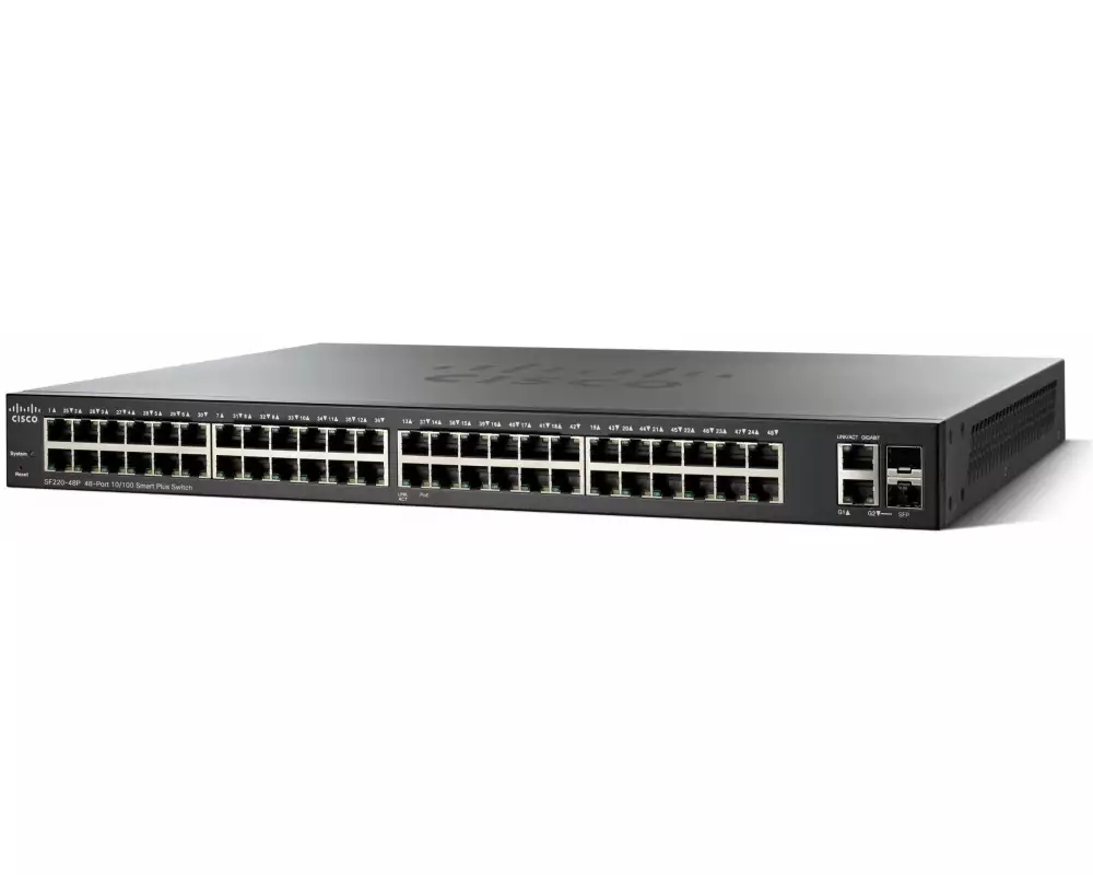 CISCO SF220-48P Series Smart Plus Switch, 48 Port 10/100BaseT PoE 375W 2x Gigabit RJ45/SFP combo port