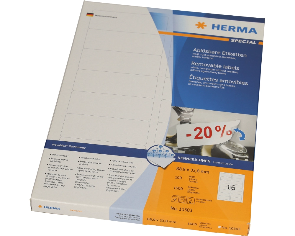 HERMA Etiketten 88.9x 33.8mm 10303 weiss 1600 Stück, 100 Blatt