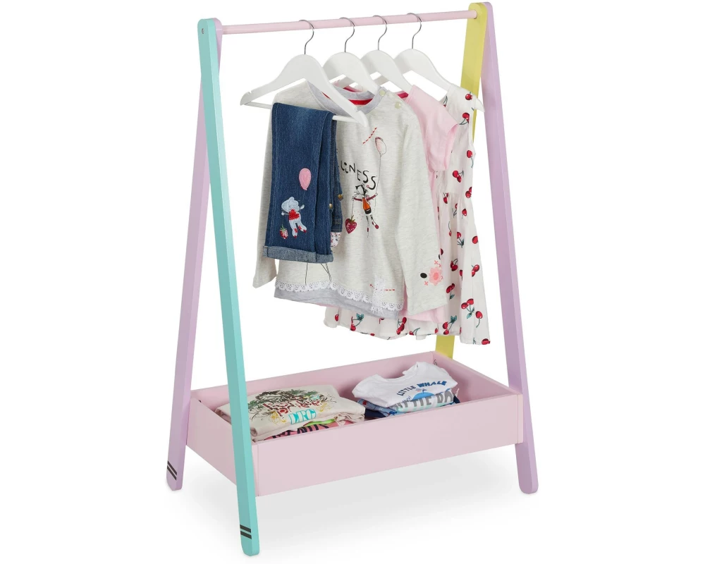relaxdays Kleiderständer für Kinder 64.5 x 99 cm, Gelb/Rosa/Türkis