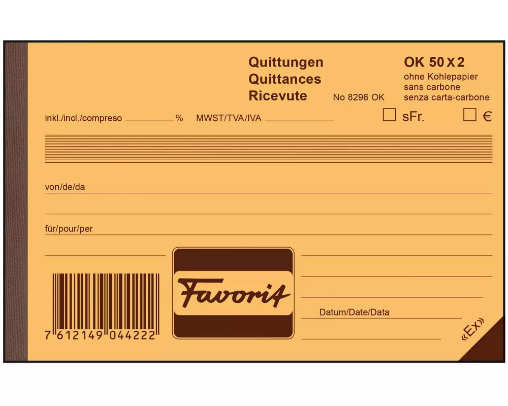 Favorit Durchschreibebuch A6 Quittungen, D/F/I, 50 x 2 Blatt