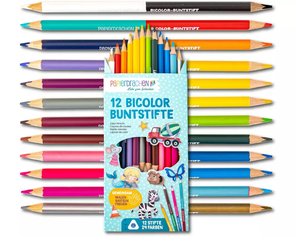 Papierdrachen Bicolor Buntstifte 12 Stück 24 Farben Sechskantig