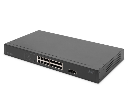 Digitus 16-Port Gigabit Netzwerkswitch, 19 Zoll, unmanaged,2 Uplink Ports, SFP. Switch type: Unmanaged. Basic switching RJ-45 Ethernet ports type: Gigabit Ethernet (10/100/1000), Basic switching RJ-45 Ethernet ports quantity: 16. Full duplex. MAC address table: 8000 entries, Switching capacity: 36 Gbit/s. Networking standards: IEEE 802.3, IEEE 802.3ab, IEEE 802.3af, IEEE 802.3at, IEEE 802.3az, IEEE 802.3i, IEEE 802.3u, IEEE.... Power connector: AC-in jack. Power over Ethernet (PoE). Rack mountin