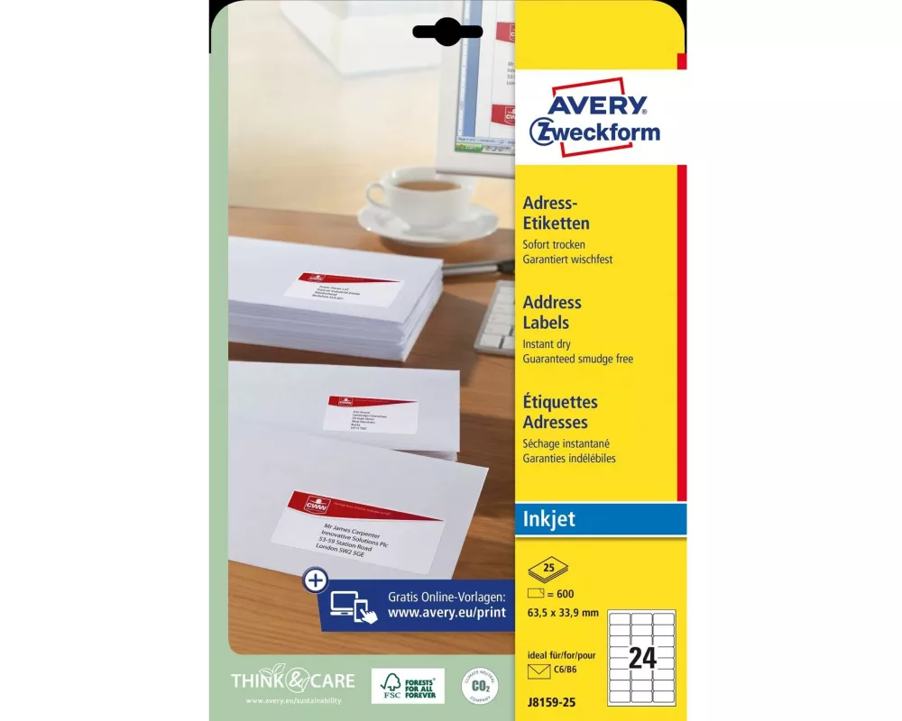 Avery Zweckform Adressetiketten 63.5 x 33.9 mm, 25 Blatt