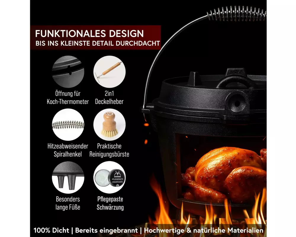 Gusskoenig Dutch Oven Set 4,5 l mit 2in1 Deckelheber mit Füssen