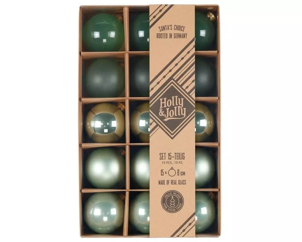 Holly & Jolly Weihnachtskugel Mild Sage 15 Stück, 8 cm