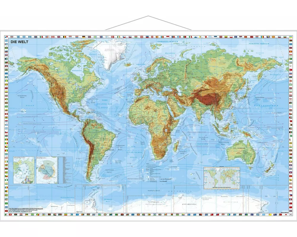 Weltkarte physisch - Wandkarte mit Metallbeleistung laminiert