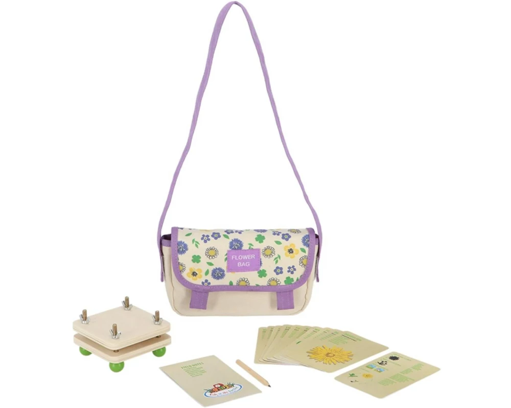 Esschert Design Entdecker-Tasche Flowers mit Holzblumenpresse