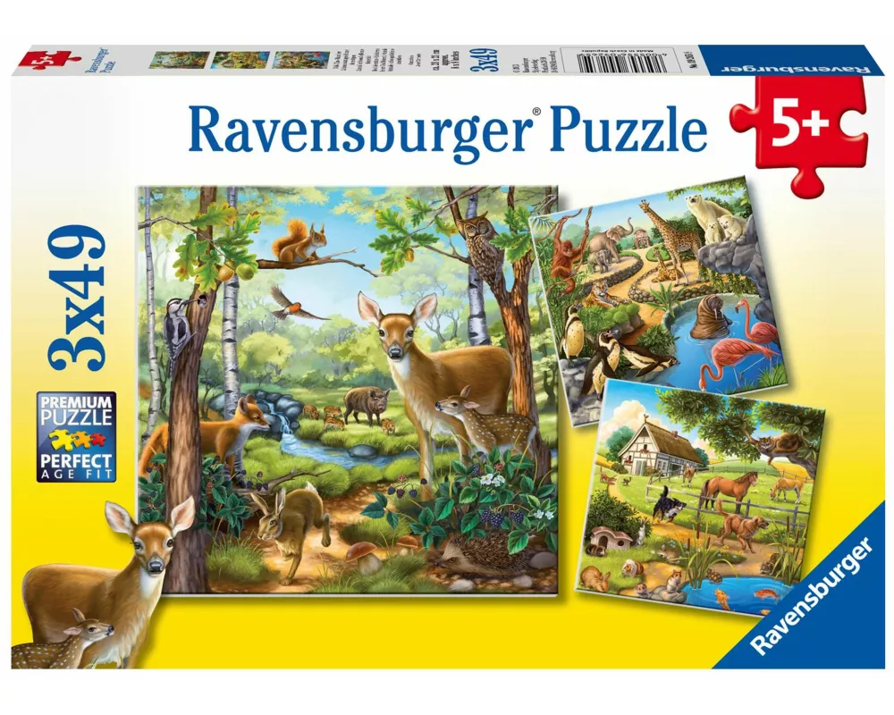 Kinderpuzzle 3x49 Teile - Wald-/Zoo-/Haustiere
