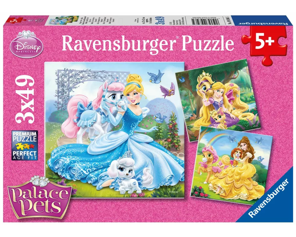 Kinderpuzzle 3x49 Teile - Disney Prinzessinnen - Palace Pets - Belle, Cinderella und Rapunzel