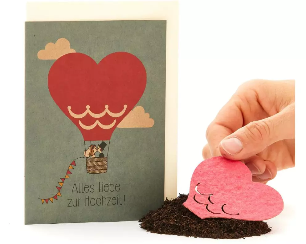 Die Stadtgärtner Grusskarte Blumig, Hochzeit, Heissluftballon, Samenpapier