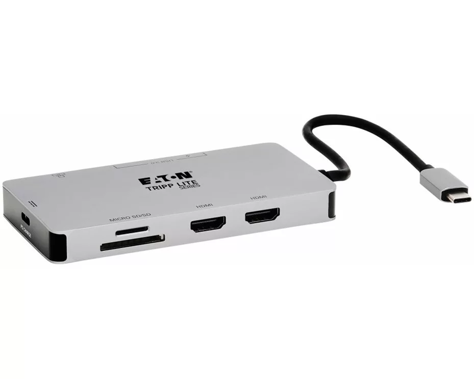 EATON TRIPPLITE USB-C, Dock, Dual, Display, 4K, 60Hz, HDMI, USB, 3.2, Gen, 1, USB-A, Hub, Memory, Card, 100W, PD, Charging, Gray