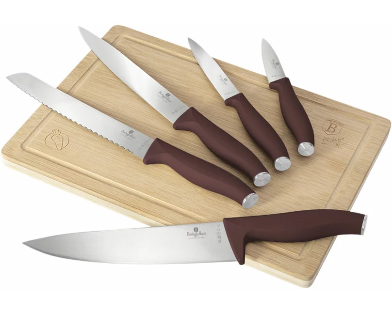 Berlinger Haus 6-teiliges Messerset mit Bambus Schneidebrett matt bordeaux Leonardo Collection