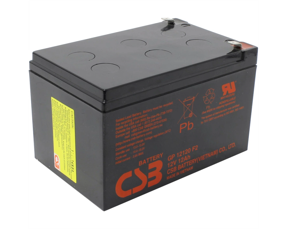 CSB 12VDC 12Ah Verschlossener, wartungsfreier Bleiakkumulator, Anschlüsse Faston 250 6.3mm, Ideal für USV Anlagen